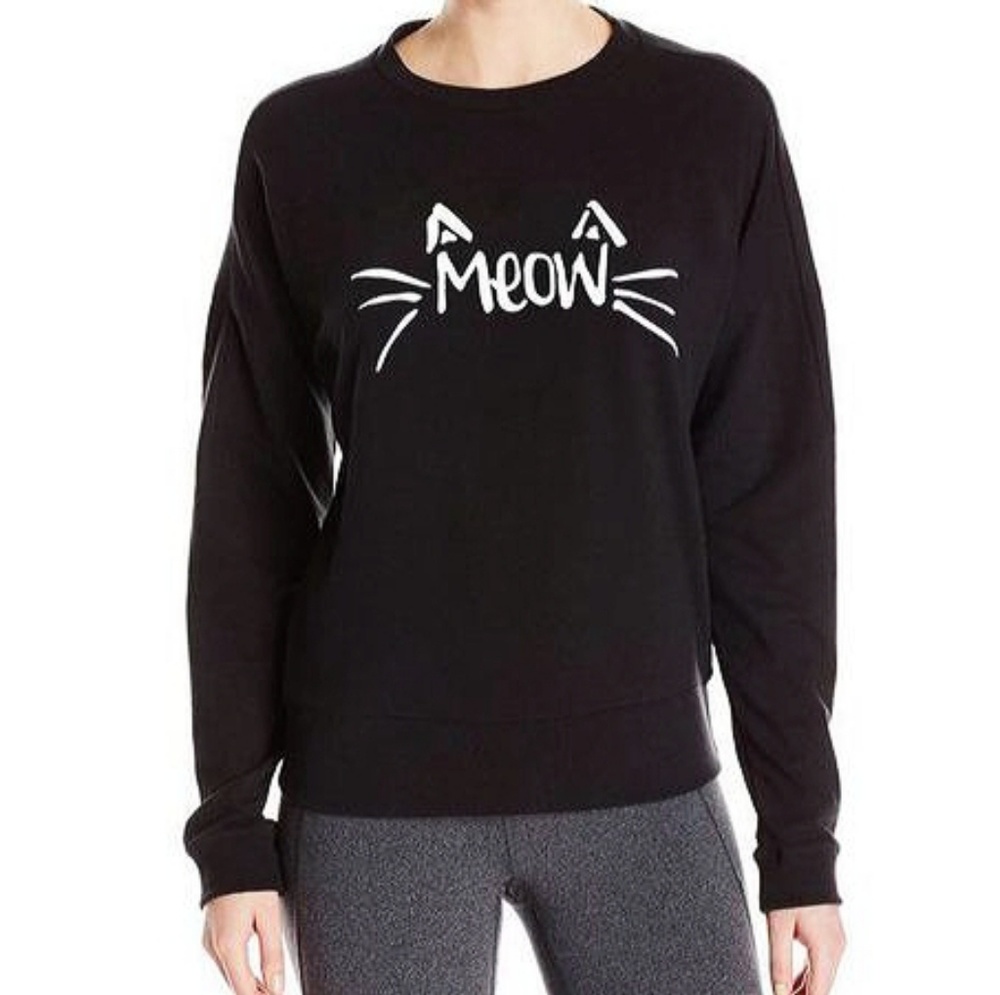 "MEOW" CAT PRINTED LONG SLEEVE PULLOVER SWEATSHIRT